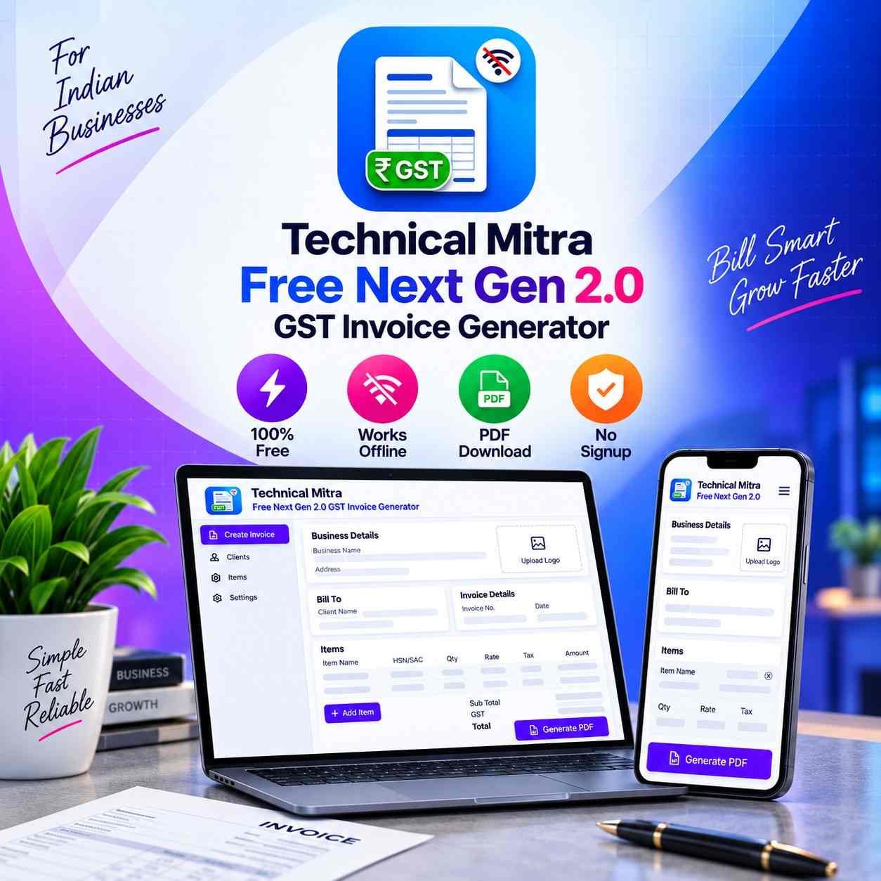 TechnicalMitra Free Next Gen 2.0 GST Invoice Generator Square Mockup